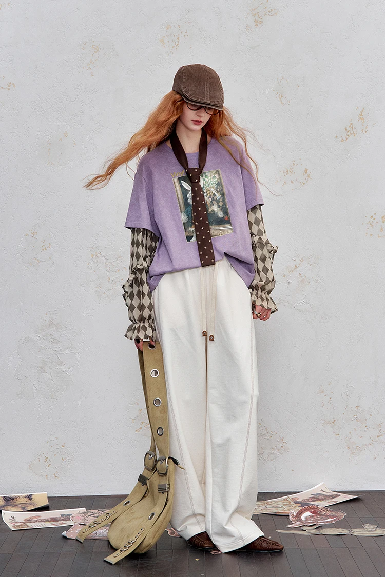 ELFSACK Y2K Long Sleeve Top Women Romantic Loose Round Neck Long Sleeve T-Shirt Fake Two-Piece Ruffle Sleeve Cute Print Top