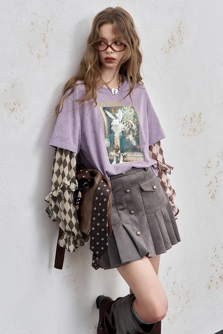 ELFSACK Y2K Long Sleeve Top Women Romantic Loose Round Neck Long Sleeve T-Shirt Fake Two-Piece Ruffle Sleeve Cute Print Top