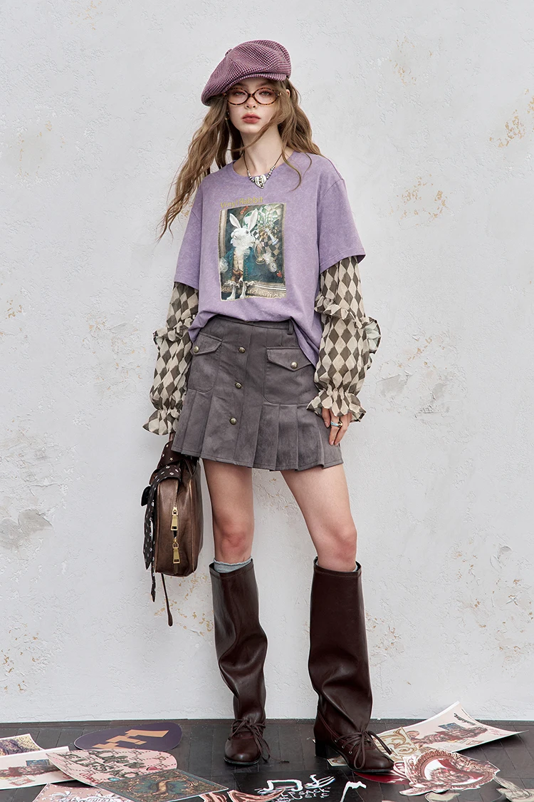 ELFSACK Y2K Long Sleeve Top Women Romantic Loose Round Neck Long Sleeve T-Shirt Fake Two-Piece Ruffle Sleeve Cute Print Top