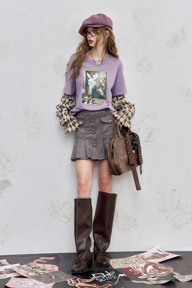 ELFSACK Y2K Long Sleeve Top Women Romantic Loose Round Neck Long Sleeve T-Shirt Fake Two-Piece Ruffle Sleeve Cute Print Top