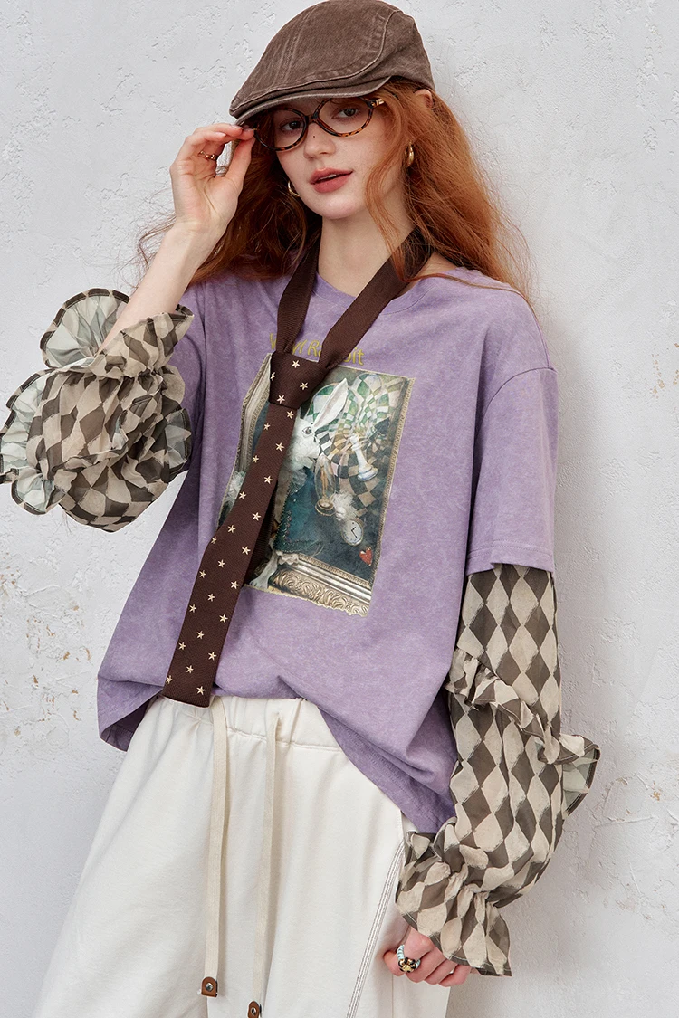 ELFSACK Y2K Long Sleeve Top Women Romantic Loose Round Neck Long Sleeve T-Shirt Fake Two-Piece Ruffle Sleeve Cute Print Top