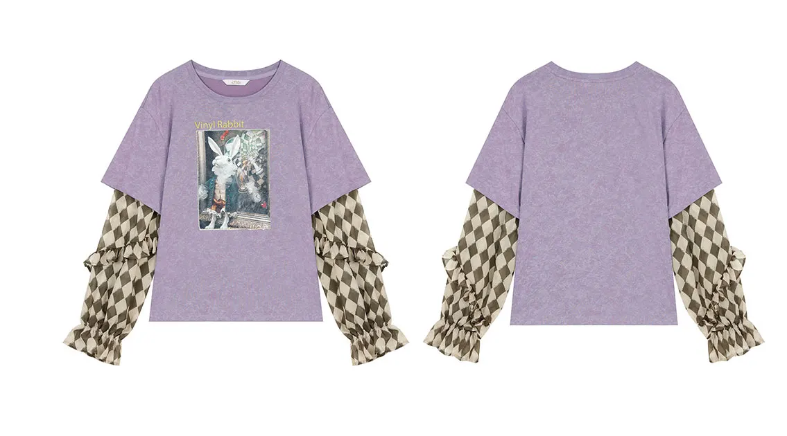 ELFSACK Y2K Long Sleeve Top Women Romantic Loose Round Neck Long Sleeve T-Shirt Fake Two-Piece Ruffle Sleeve Cute Print Top