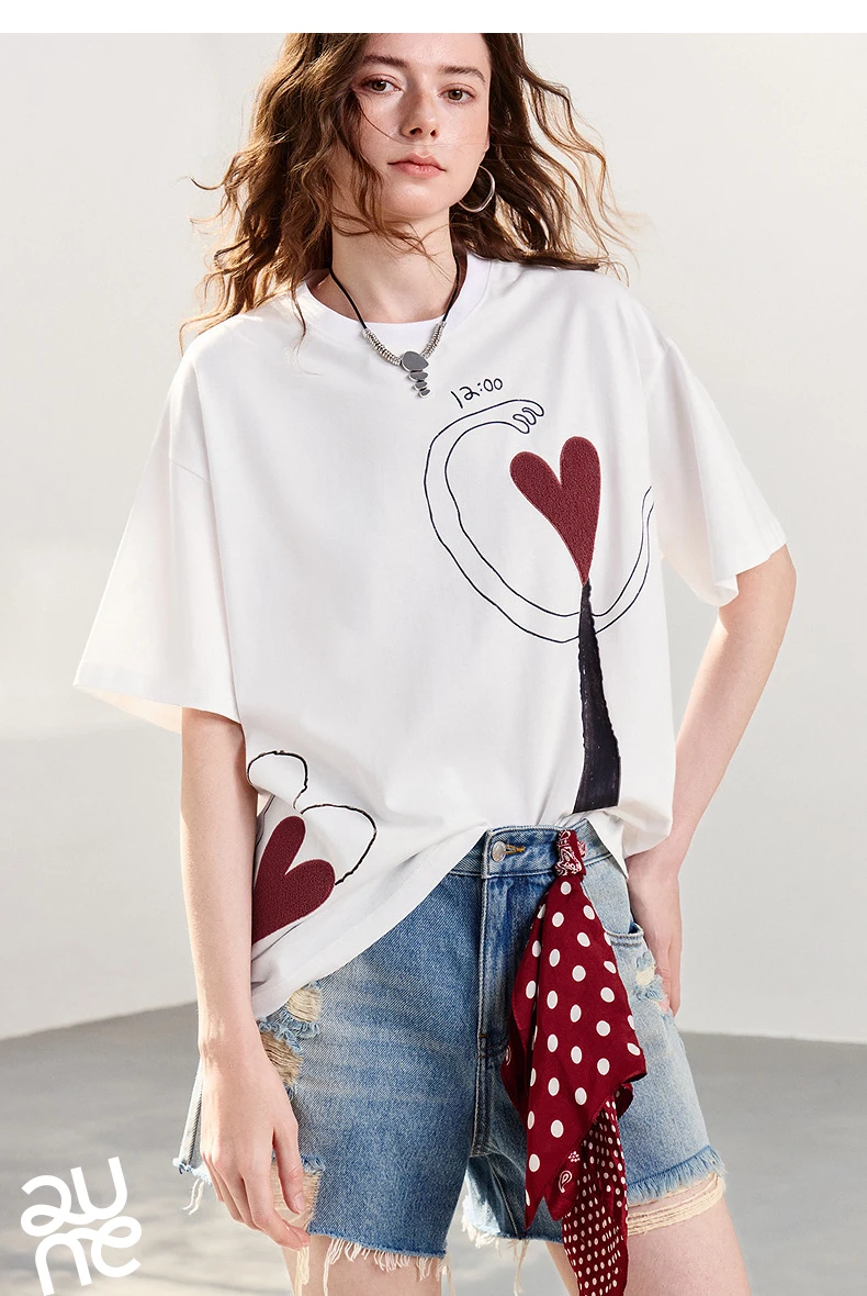 TOYOUTH Women T-shirt 2026 Summer New Antibacterial Pure Cotton Round Neck Loose Fun Abstract Love Towel Embroidered Top