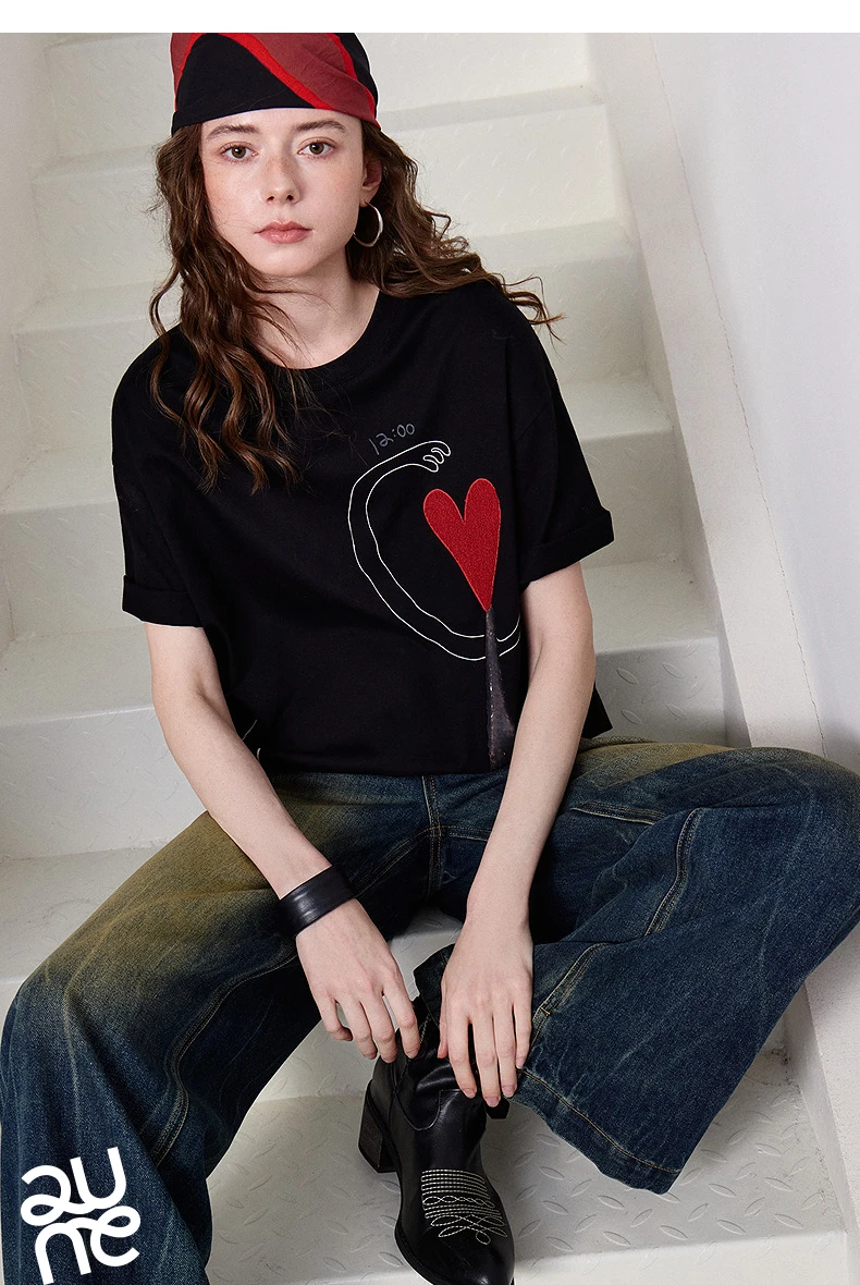 TOYOUTH Women T-shirt 2026 Summer New Antibacterial Pure Cotton Round Neck Loose Fun Abstract Love Towel Embroidered Top