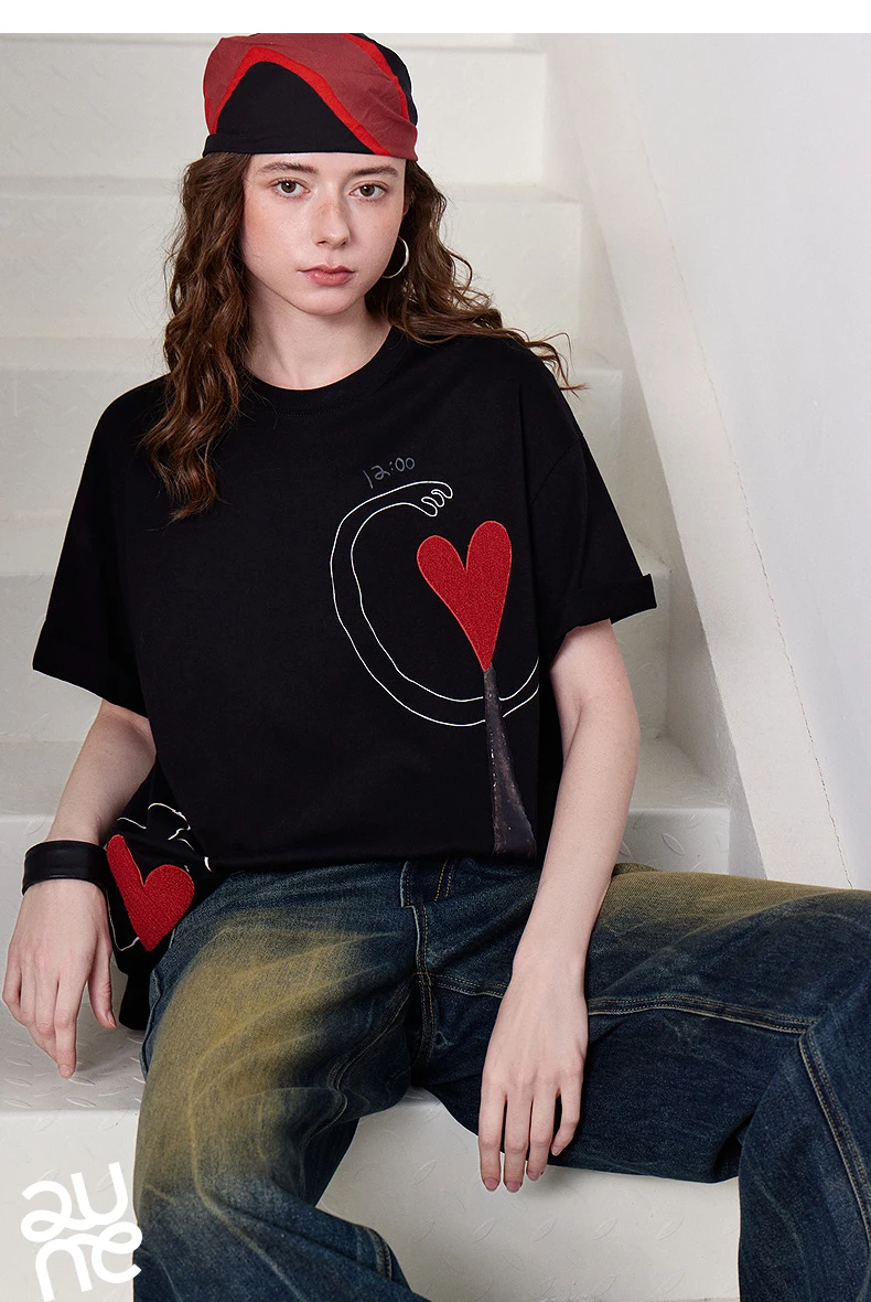 TOYOUTH Women T-shirt 2026 Summer New Antibacterial Pure Cotton Round Neck Loose Fun Abstract Love Towel Embroidered Top