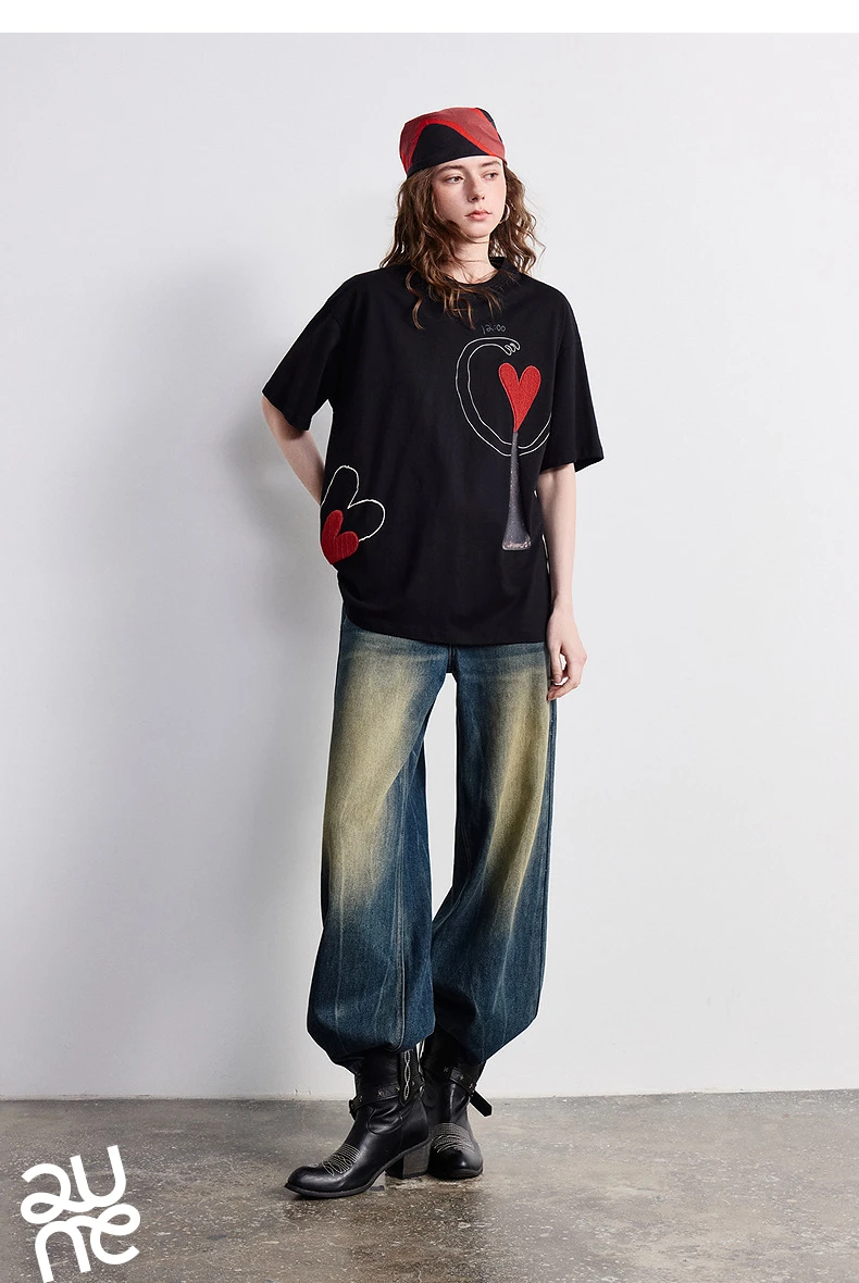 TOYOUTH Women T-shirt 2026 Summer New Antibacterial Pure Cotton Round Neck Loose Fun Abstract Love Towel Embroidered Top