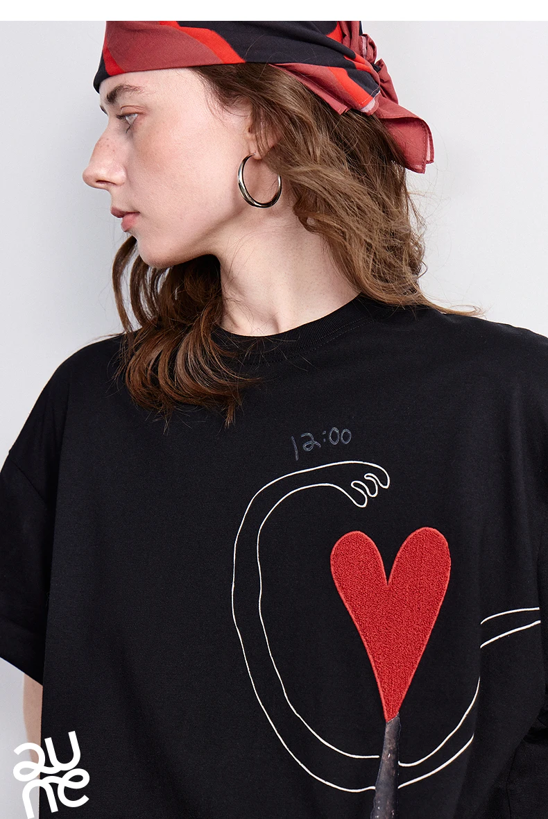TOYOUTH Women T-shirt 2026 Summer New Antibacterial Pure Cotton Round Neck Loose Fun Abstract Love Towel Embroidered Top