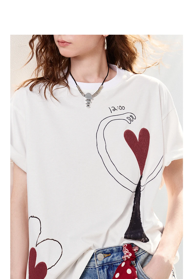 TOYOUTH Women T-shirt 2026 Summer New Antibacterial Pure Cotton Round Neck Loose Fun Abstract Love Towel Embroidered Top