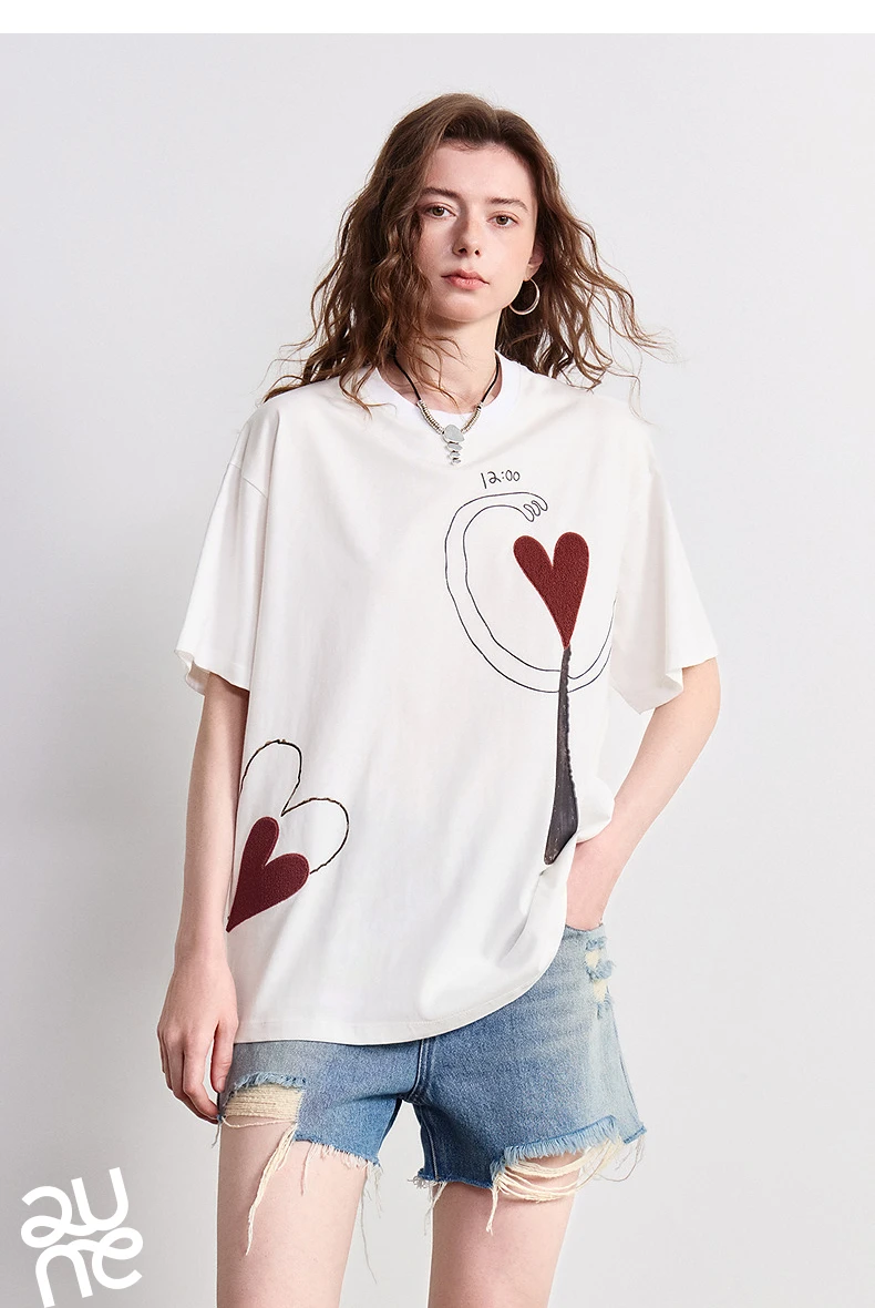 TOYOUTH Women T-shirt 2026 Summer New Antibacterial Pure Cotton Round Neck Loose Fun Abstract Love Towel Embroidered Top