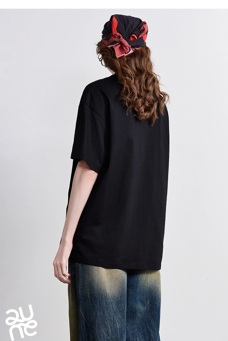 TOYOUTH Women T-shirt 2026 Summer New Antibacterial Pure Cotton Round Neck Loose Fun Abstract Love Towel Embroidered Top