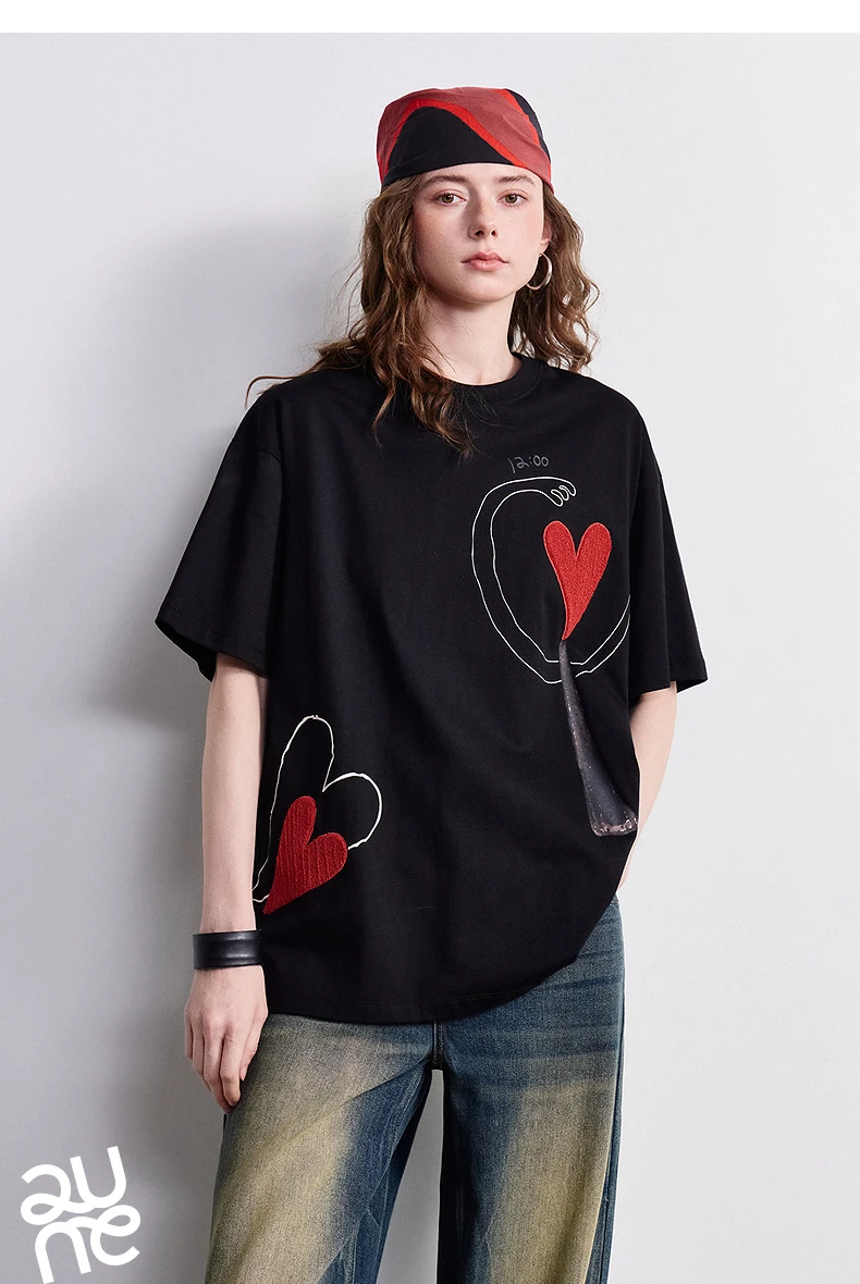 TOYOUTH Women T-shirt 2026 Summer New Antibacterial Pure Cotton Round Neck Loose Fun Abstract Love Towel Embroidered Top