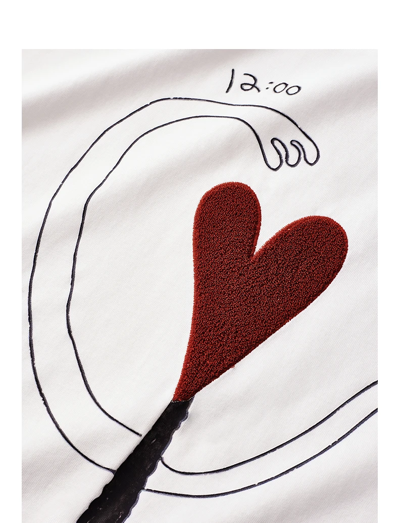 TOYOUTH Women T-shirt 2026 Summer New Antibacterial Pure Cotton Round Neck Loose Fun Abstract Love Towel Embroidered Top