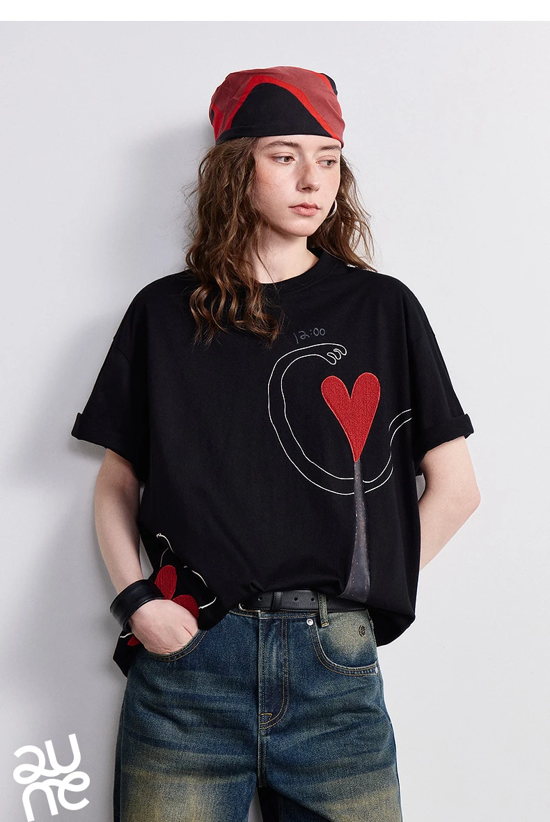 TOYOUTH Women T-shirt 2026 Summer New Antibacterial Pure Cotton Round Neck Loose Fun Abstract Love Towel Embroidered Top