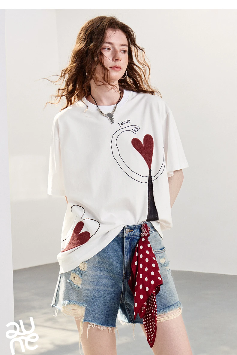 TOYOUTH Women T-shirt 2026 Summer New Antibacterial Pure Cotton Round Neck Loose Fun Abstract Love Towel Embroidered Top