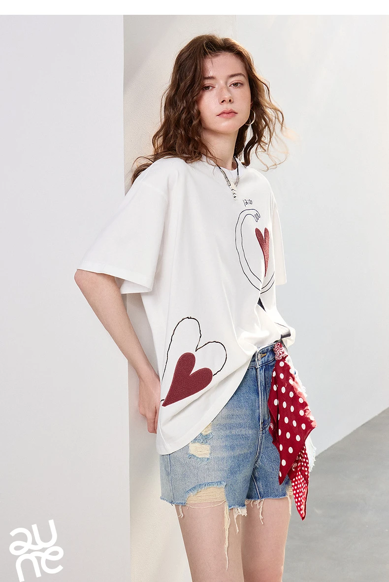 TOYOUTH Women T-shirt 2026 Summer New Antibacterial Pure Cotton Round Neck Loose Fun Abstract Love Towel Embroidered Top