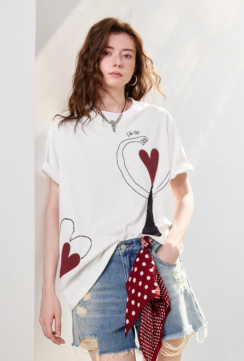 TOYOUTH Women T-shirt 2026 Summer New Antibacterial Pure Cotton Round Neck Loose Fun Abstract Love Towel Embroidered Top