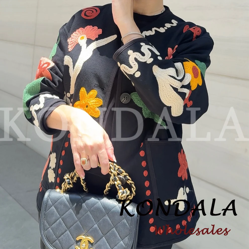 KONDALA Chic 2026 Vintage Autumn Modern Flower Embroidery Jacket Streetwear Pockets Single Breasted Loose Casual Female Outwear