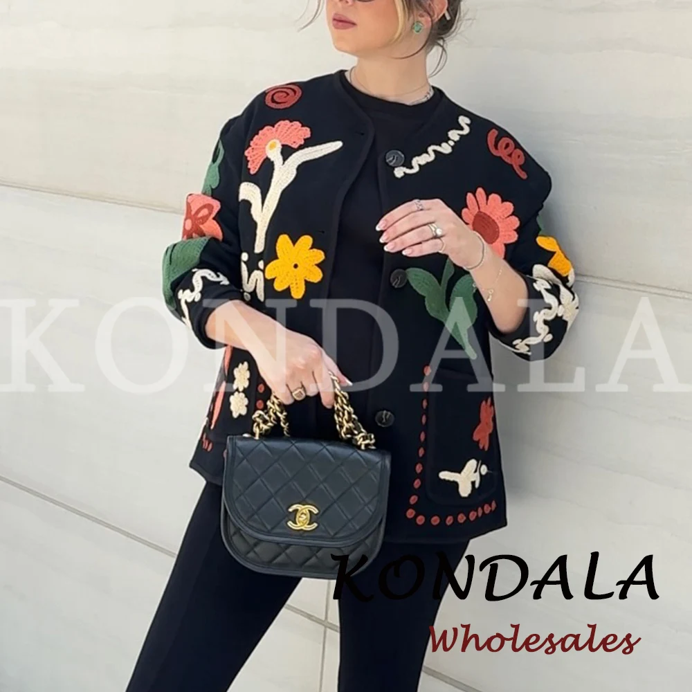 KONDALA Chic 2026 Vintage Autumn Modern Flower Embroidery Jacket Streetwear Pockets Single Breasted Loose Casual Female Outwear