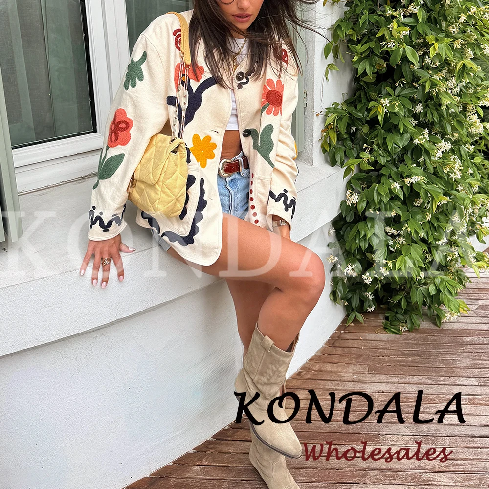 KONDALA Chic 2026 Vintage Autumn Modern Flower Embroidery Jacket Streetwear Pockets Single Breasted Loose Casual Female Outwear