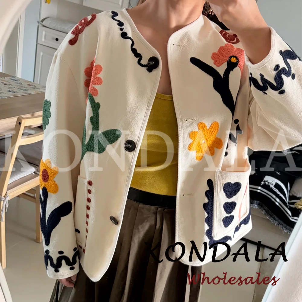 KONDALA Chic 2026 Vintage Autumn Modern Flower Embroidery Jacket Streetwear Pockets Single Breasted Loose Casual Female Outwear