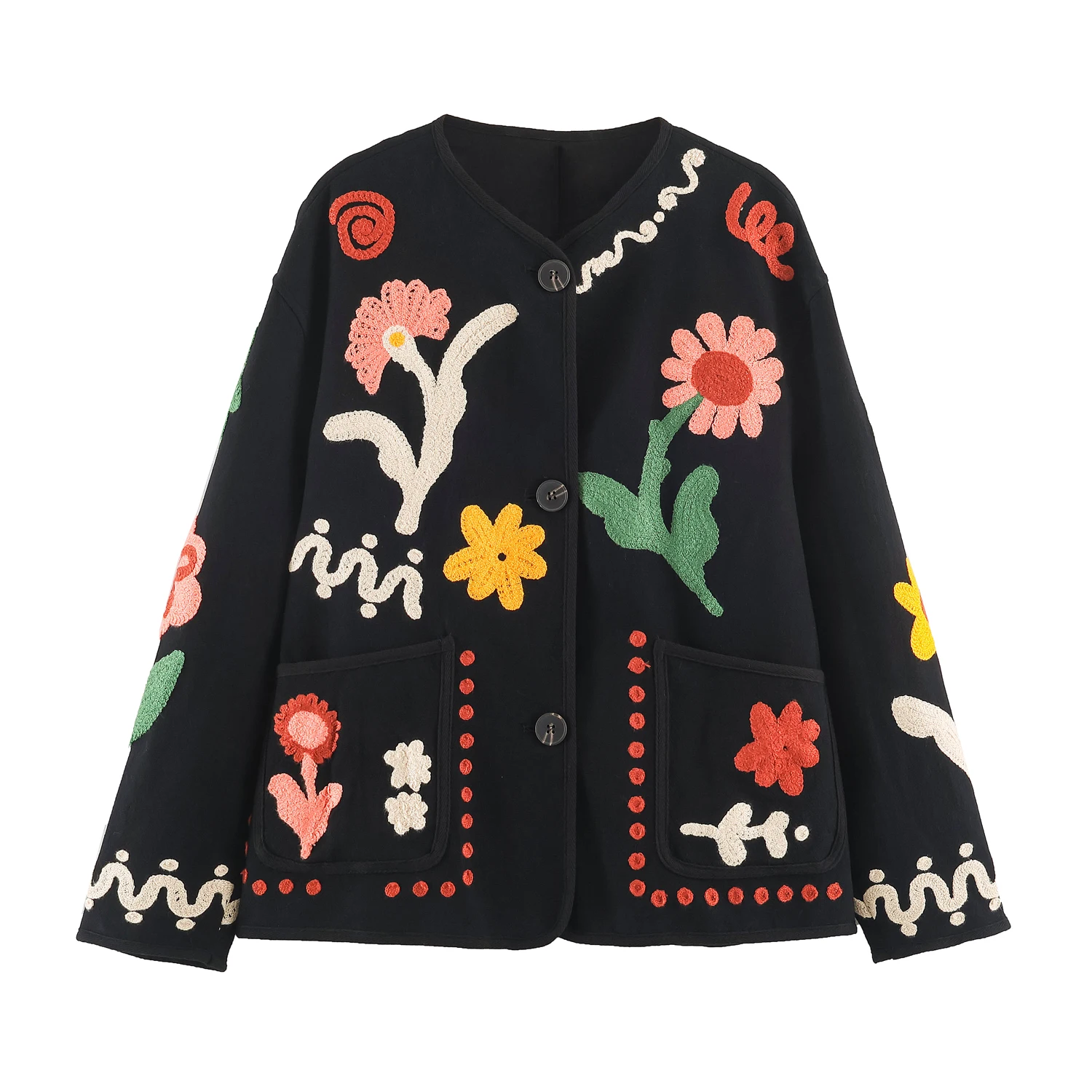 KONDALA Chic 2026 Vintage Autumn Modern Flower Embroidery Jacket Streetwear Pockets Single Breasted Loose Casual Female Outwear