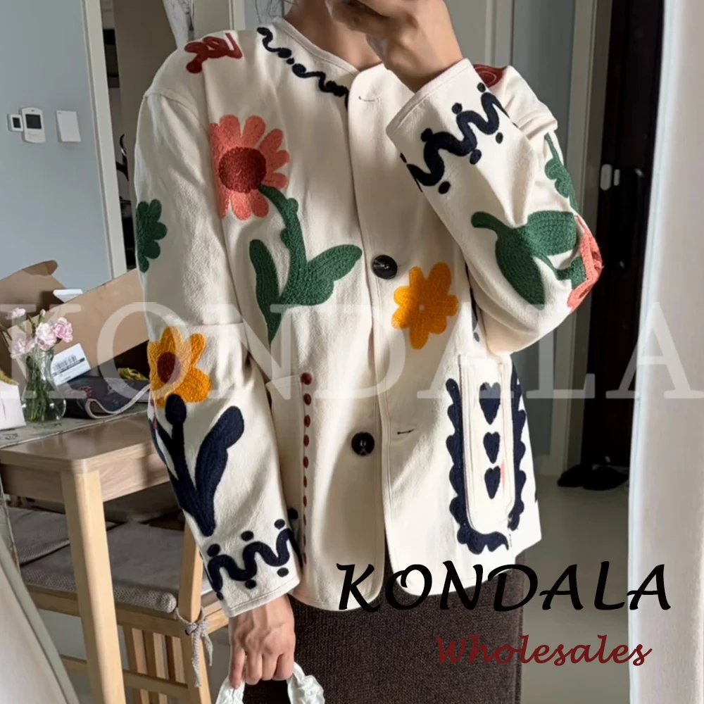 KONDALA Chic 2026 Vintage Autumn Modern Flower Embroidery Jacket Streetwear Pockets Single Breasted Loose Casual Female Outwear