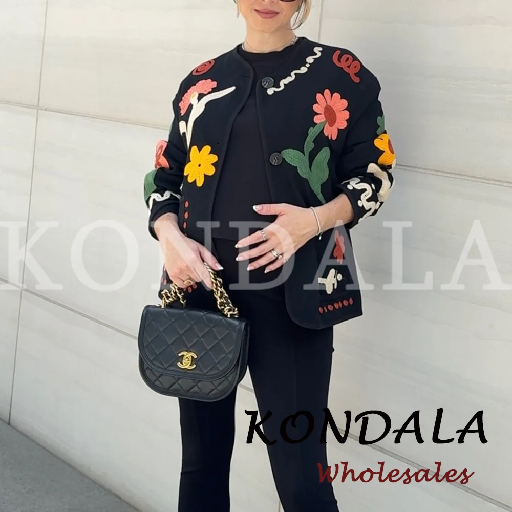 KONDALA Chic 2026 Vintage Autumn Modern Flower Embroidery Jacket Streetwear Pockets Single Breasted Loose Casual Female Outwear