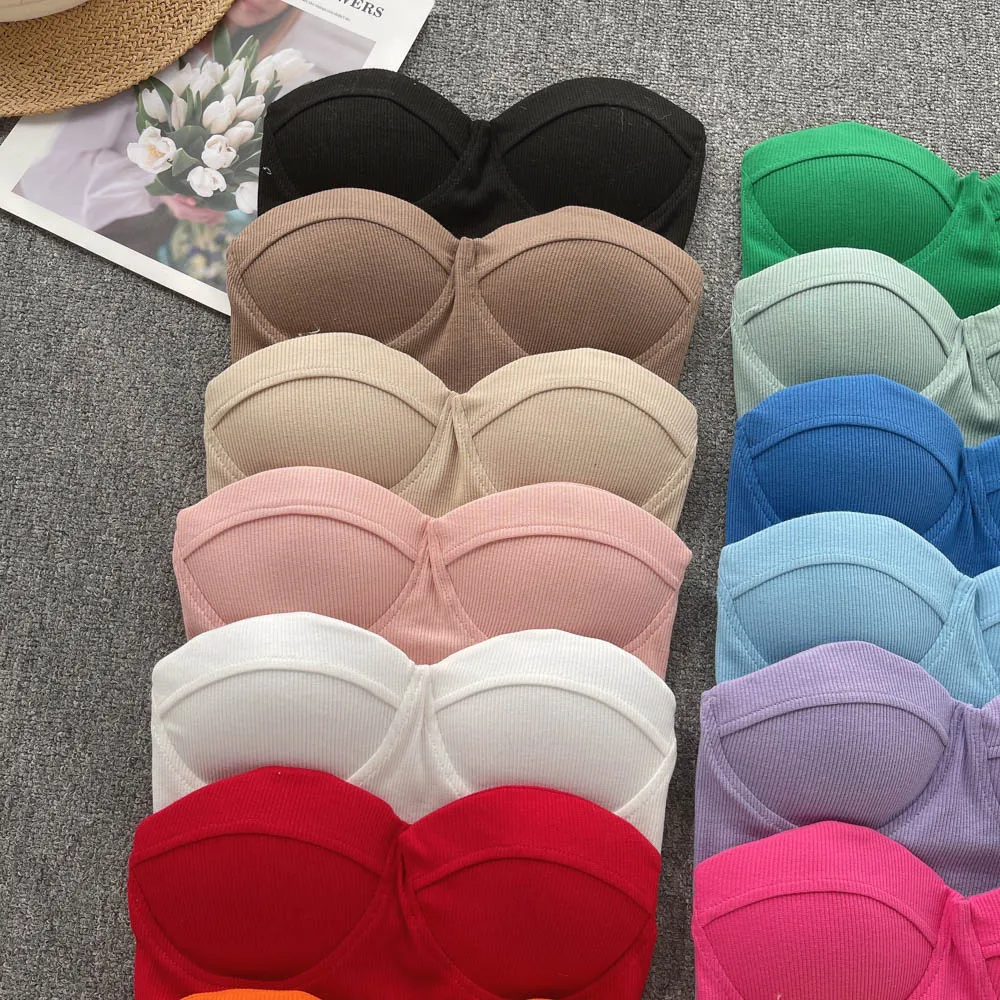 Strapless Western Style Skinny Tanks Camis for Women Summer Casual Solid Colours Female Corset Crop Tube Tops with Built In Bras