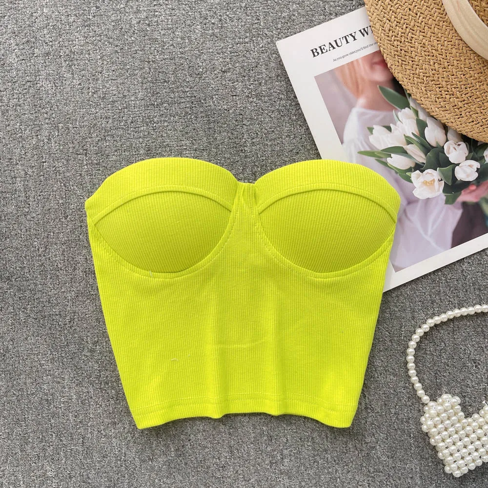 Strapless Western Style Skinny Tanks Camis for Women Summer Casual Solid Colours Female Corset Crop Tube Tops with Built In Bras