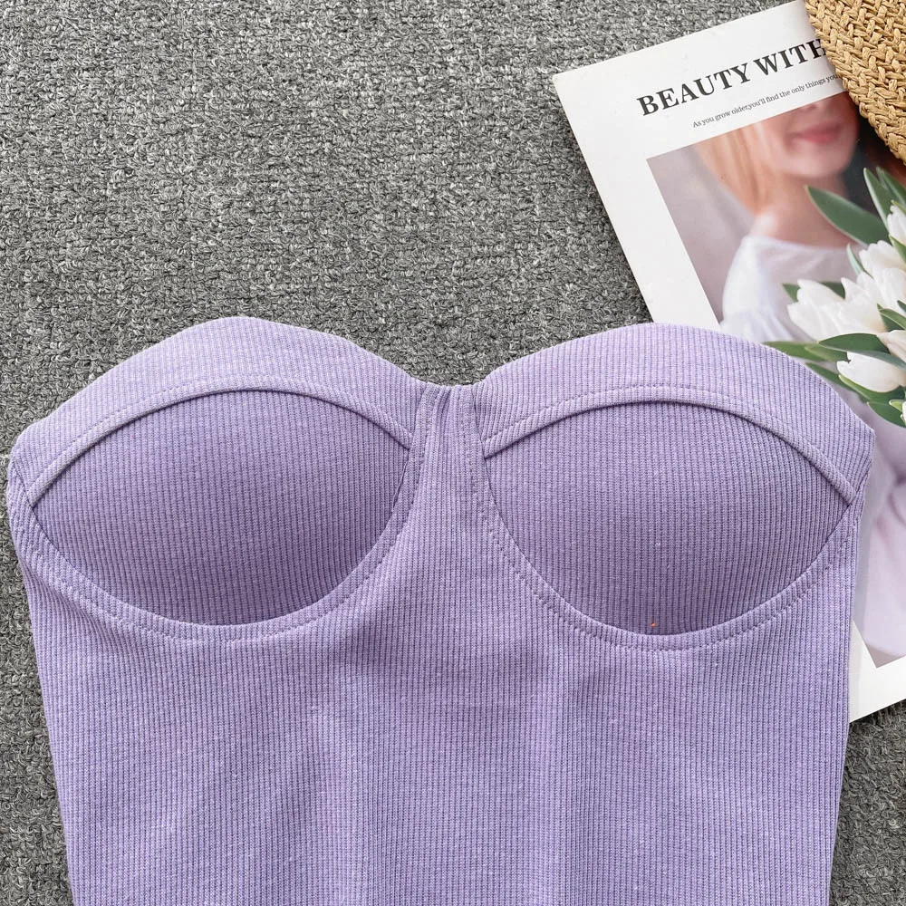 Strapless Western Style Skinny Tanks Camis for Women Summer Casual Solid Colours Female Corset Crop Tube Tops with Built In Bras