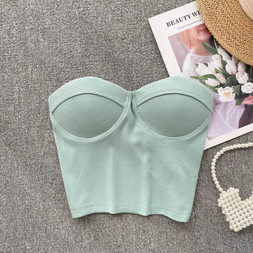 Strapless Western Style Skinny Tanks Camis for Women Summer Casual Solid Colours Female Corset Crop Tube Tops with Built In Bras