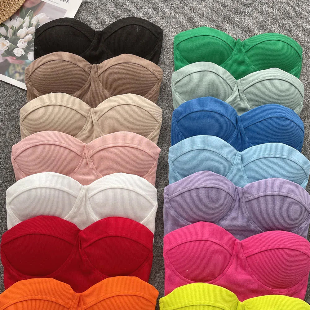 Strapless Western Style Skinny Tanks Camis for Women Summer Casual Solid Colours Female Corset Crop Tube Tops with Built In Bras