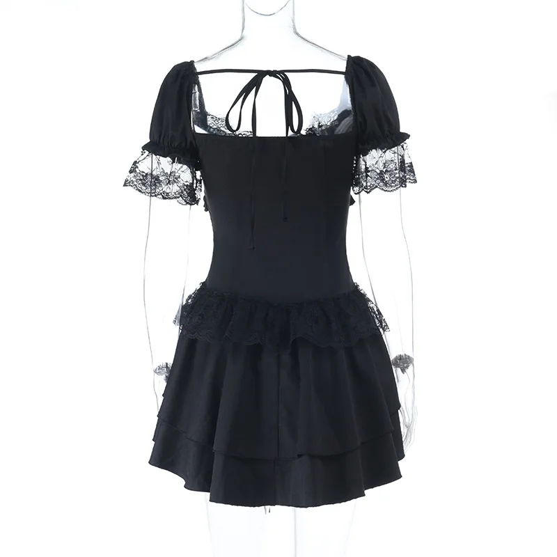 Goth Dark Gothic Lace Trim Puff Sleeve A-line Mini Dress Women Outfits Embellished Square Neck Dresses Bandage Lace Up Halloween