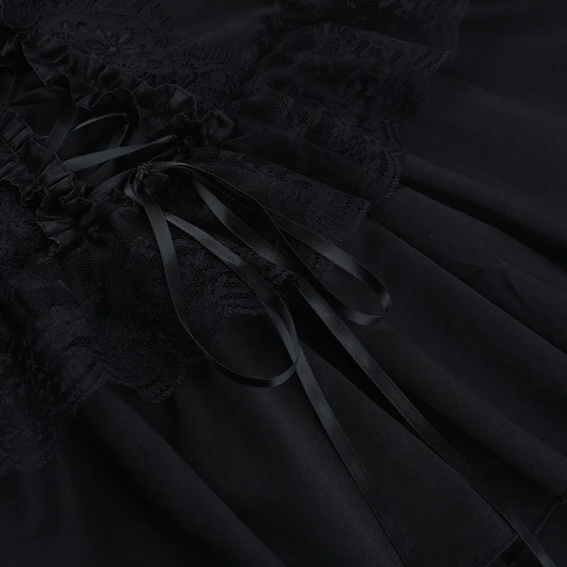 Goth Dark Gothic Lace Trim Puff Sleeve A-line Mini Dress Women Outfits Embellished Square Neck Dresses Bandage Lace Up Halloween