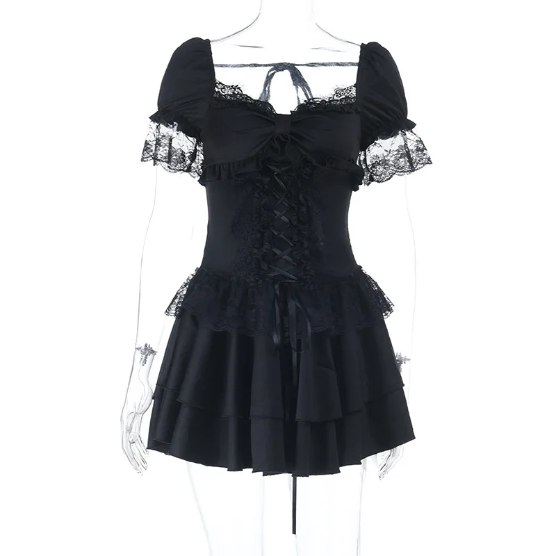 Goth Dark Gothic Lace Trim Puff Sleeve A-line Mini Dress Women Outfits Embellished Square Neck Dresses Bandage Lace Up Halloween