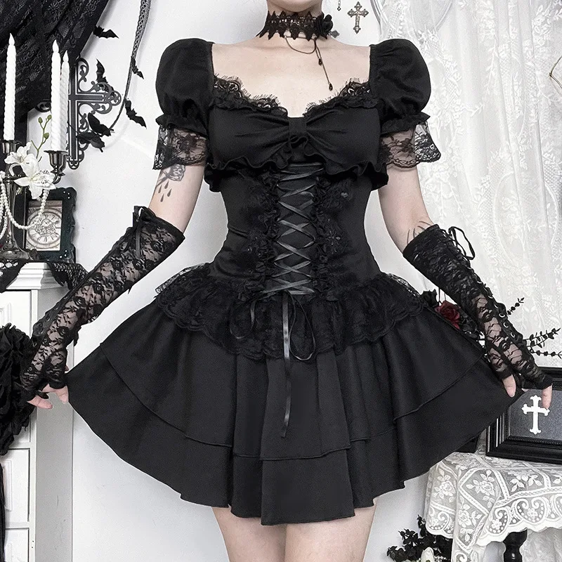 Goth Dark Gothic Lace Trim Puff Sleeve A-line Mini Dress Women Outfits Embellished Square Neck Dresses Bandage Lace Up Halloween