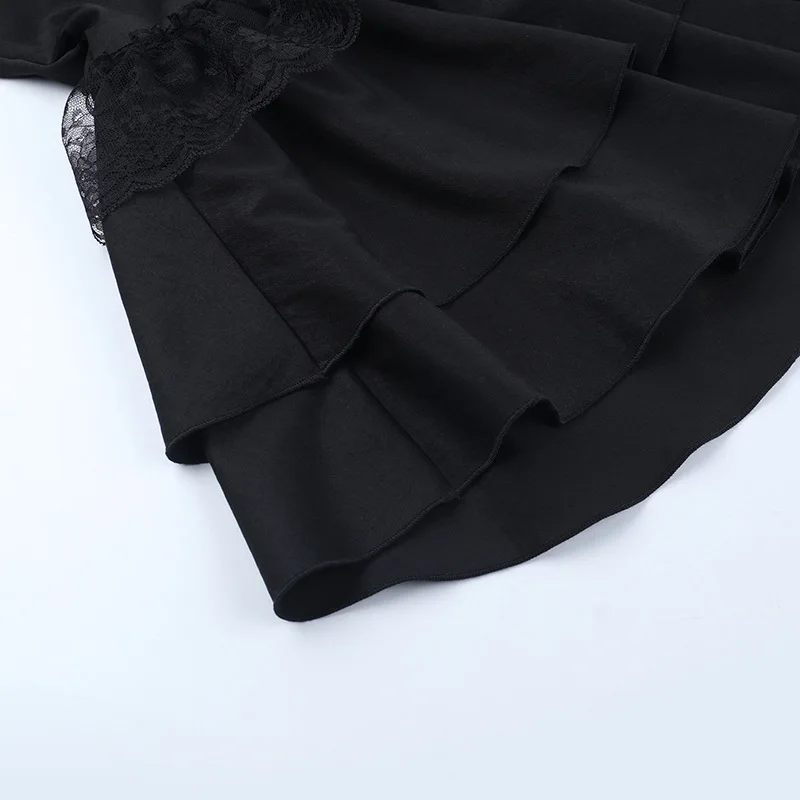 Goth Dark Gothic Lace Trim Puff Sleeve A-line Mini Dress Women Outfits Embellished Square Neck Dresses Bandage Lace Up Halloween