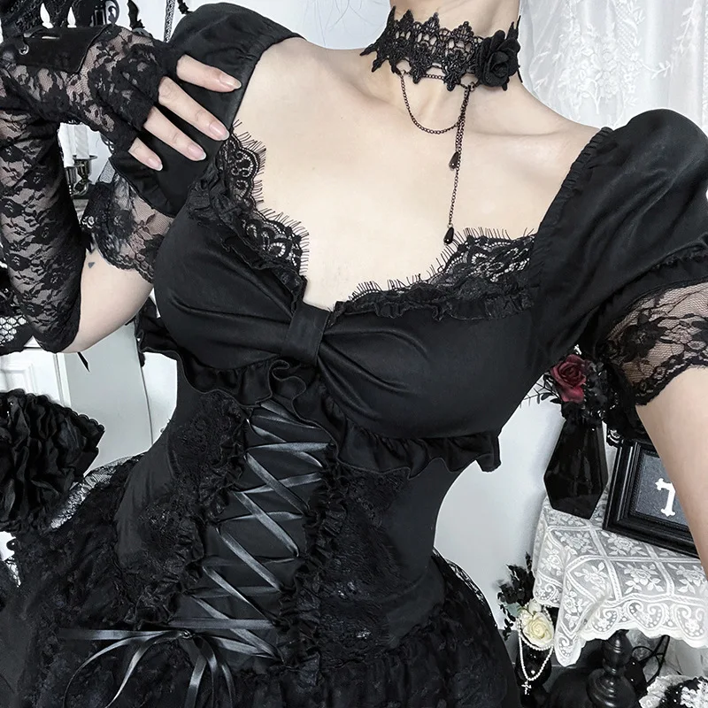 Goth Dark Gothic Lace Trim Puff Sleeve A-line Mini Dress Women Outfits Embellished Square Neck Dresses Bandage Lace Up Halloween