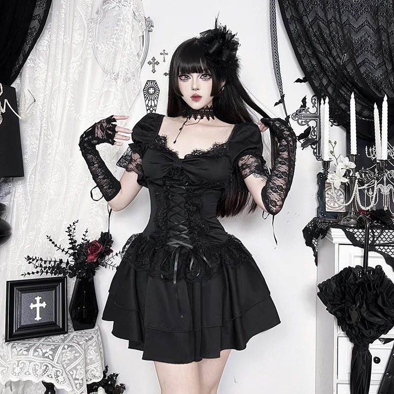 Goth Dark Gothic Lace Trim Puff Sleeve A-line Mini Dress Women Outfits Embellished Square Neck Dresses Bandage Lace Up Halloween