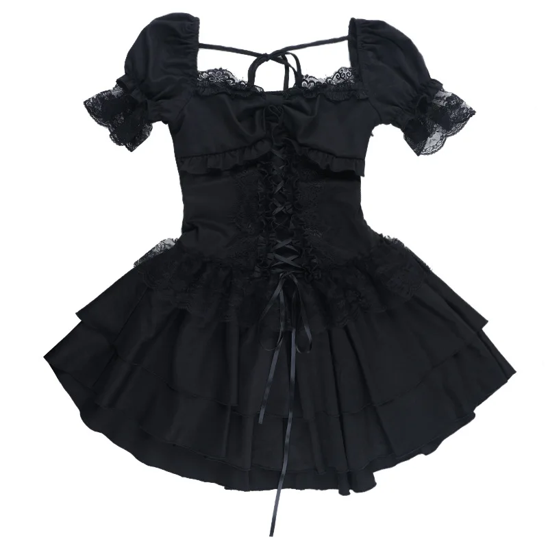 Goth Dark Gothic Lace Trim Puff Sleeve A-line Mini Dress Women Outfits Embellished Square Neck Dresses Bandage Lace Up Halloween