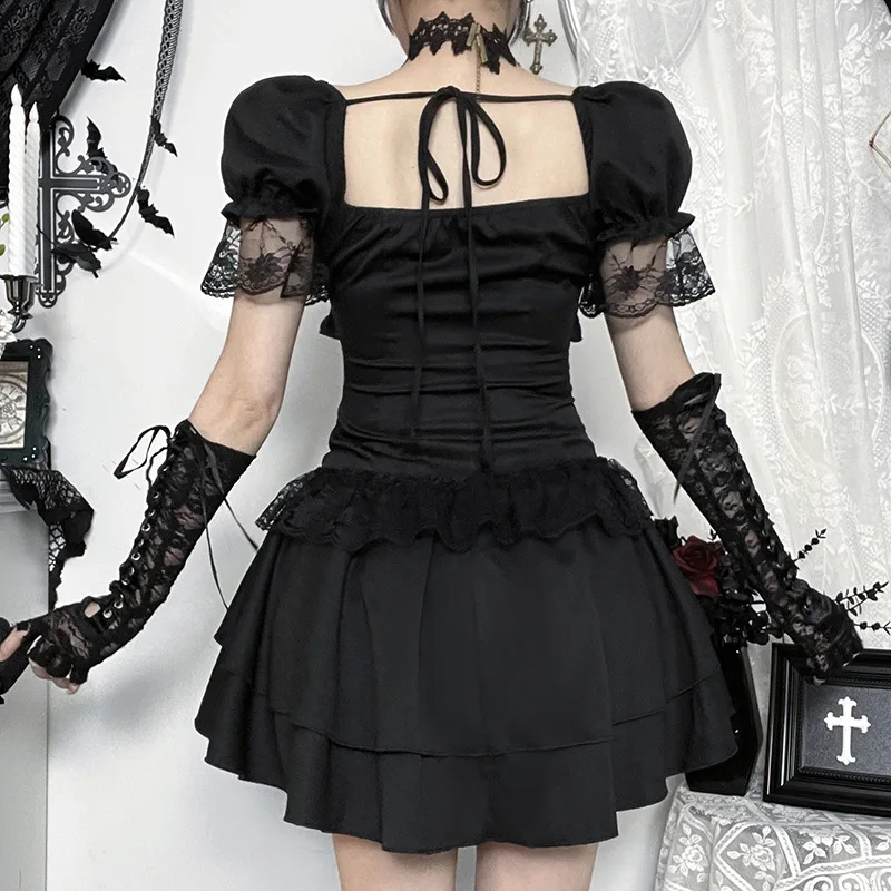 Goth Dark Gothic Lace Trim Puff Sleeve A-line Mini Dress Women Outfits Embellished Square Neck Dresses Bandage Lace Up Halloween