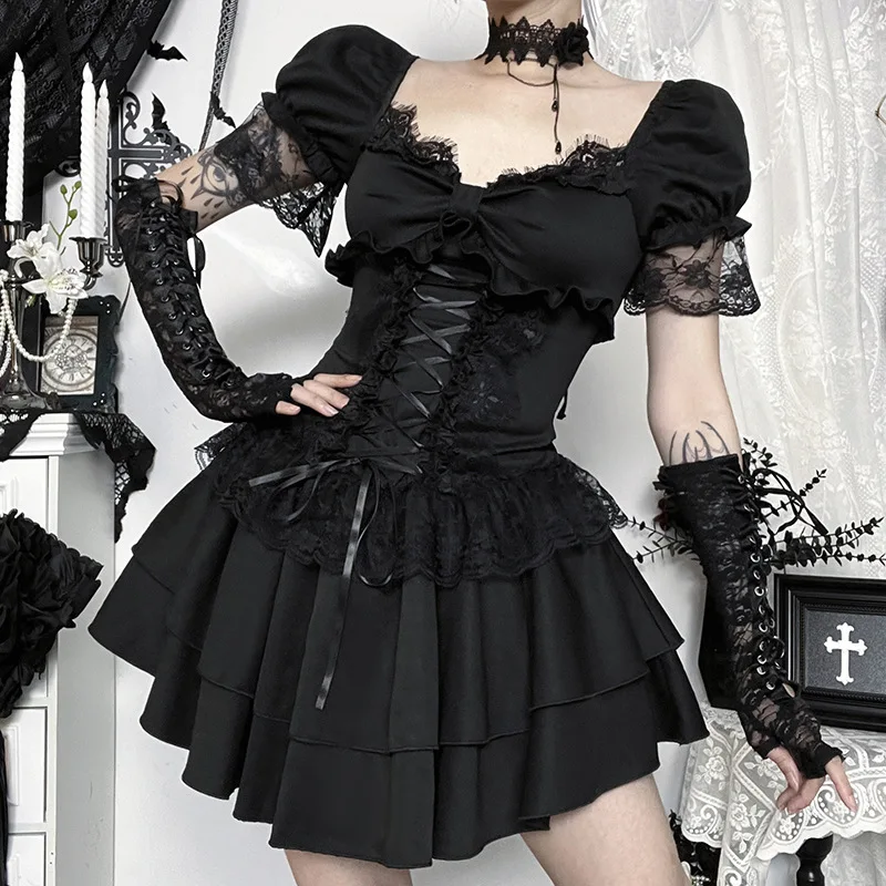 Goth Dark Gothic Lace Trim Puff Sleeve A-line Mini Dress Women Outfits Embellished Square Neck Dresses Bandage Lace Up Halloween