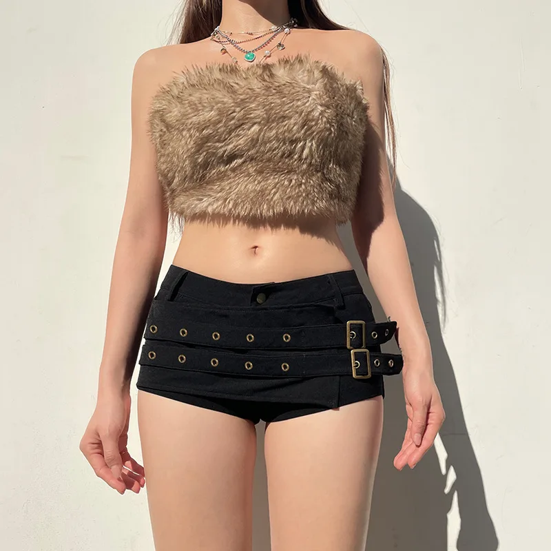 Goth Dark Punk Style Metal Buckle Ultrashort Pants Mall Goth Low Waist Skinny Shorts Cyber Y2K Streetwear Women Alt Hot Pants