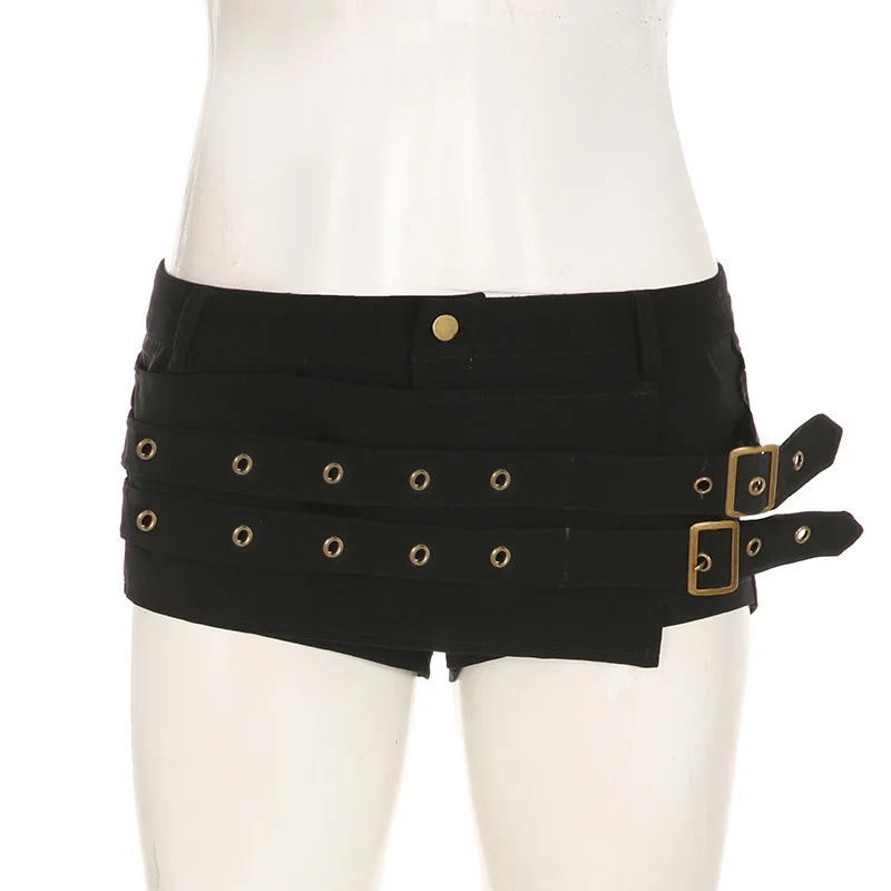 Goth Dark Punk Style Metal Buckle Ultrashort Pants Mall Goth Low Waist Skinny Shorts Cyber Y2K Streetwear Women Alt Hot Pants