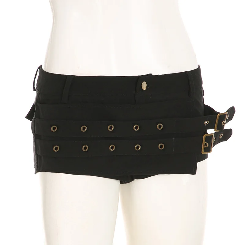Goth Dark Punk Style Metal Buckle Ultrashort Pants Mall Goth Low Waist Skinny Shorts Cyber Y2K Streetwear Women Alt Hot Pants