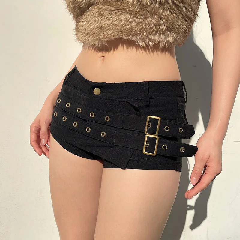 Goth Dark Punk Style Metal Buckle Ultrashort Pants Mall Goth Low Waist Skinny Shorts Cyber Y2K Streetwear Women Alt Hot Pants