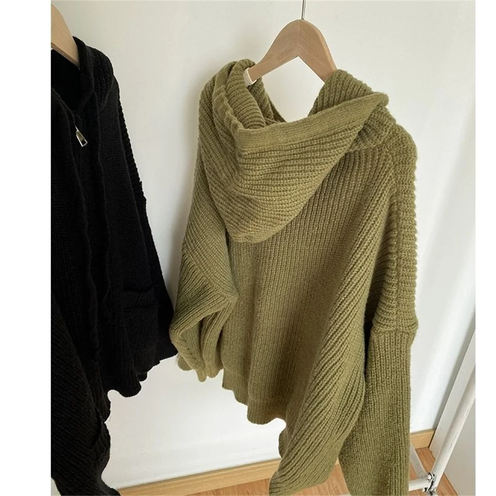 Woman Japanese Retro Hooded Knitted Cardigan Female Autumn Winter Zipper Pockets Sweater Coat Women Casual Loose Solid Knitwear