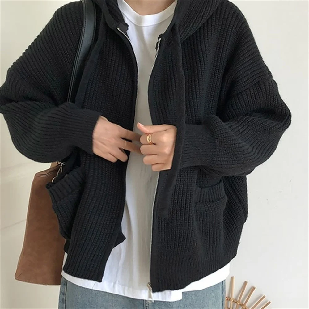 Woman Japanese Retro Hooded Knitted Cardigan Female Autumn Winter Zipper Pockets Sweater Coat Women Casual Loose Solid Knitwear