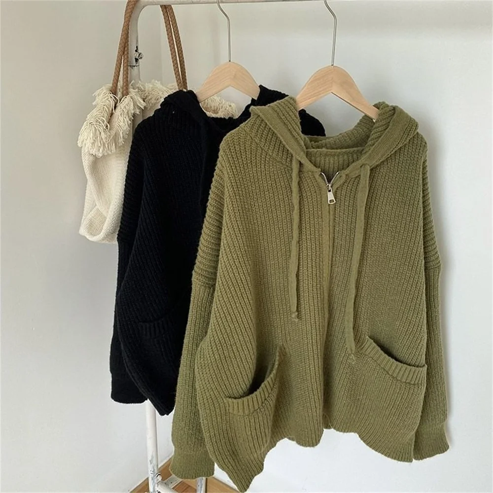Woman Japanese Retro Hooded Knitted Cardigan Female Autumn Winter Zipper Pockets Sweater Coat Women Casual Loose Solid Knitwear