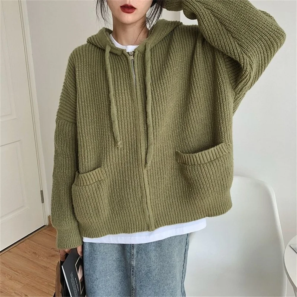 Woman Japanese Retro Hooded Knitted Cardigan Female Autumn Winter Zipper Pockets Sweater Coat Women Casual Loose Solid Knitwear